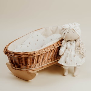 Handmade Wicker Doll Cradle with Bedding: Eco-Friendly Beech Wood Crib