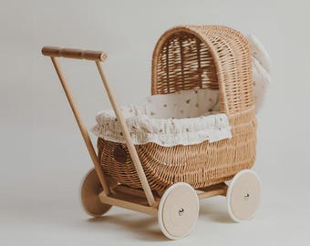 Handwoven Wicker Doll Pram: Boho Berry Bedding, Handmade in Poland