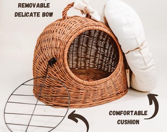 クッション付き天然籐ペットキャリア - 小型犬・猫用バスケット - Etsy
