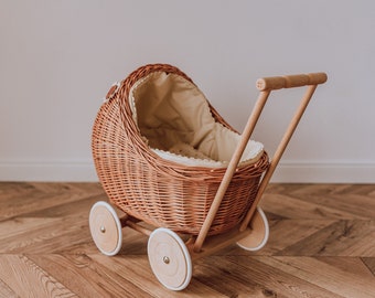 Unpainted Natural Wicker Carriage For Baby, wicker & beech wood boho doll's pram! Eco-Friendly, Vintage Natural Material, Perfect Gift.