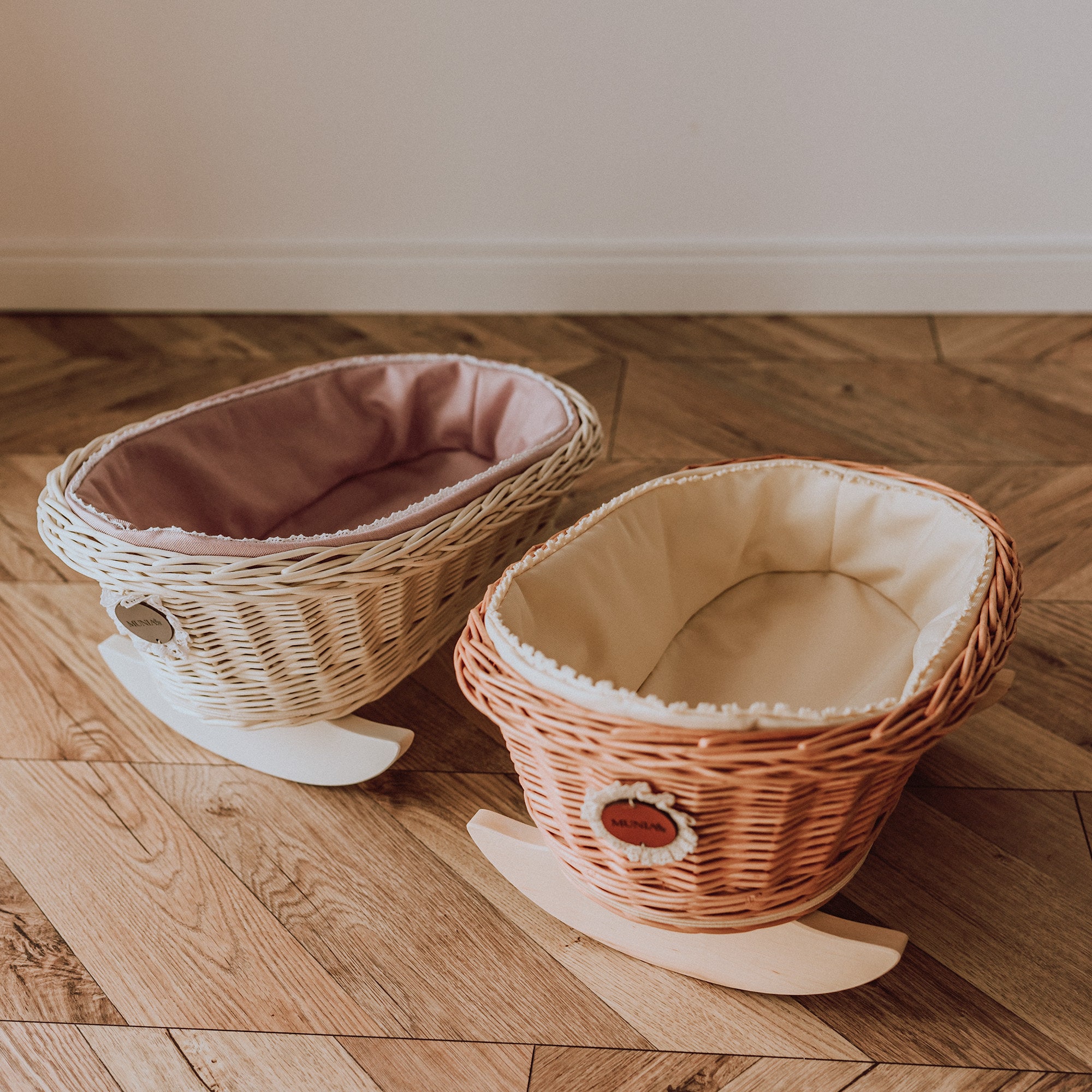 Handmade Natural Wicker Cradle With Bedding for Girl, Wicker & Beech