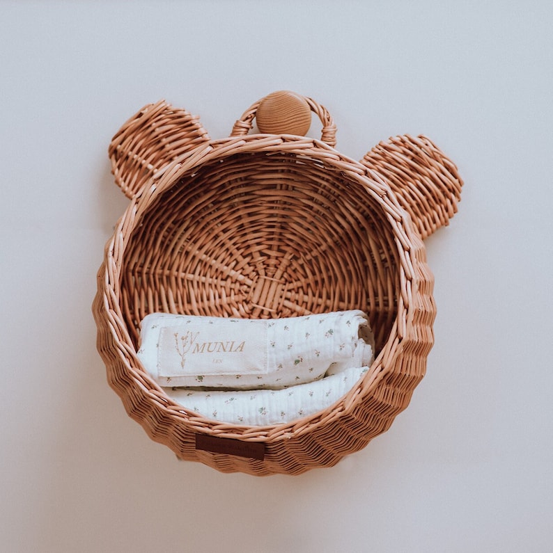 Natural Wicker wall bear basket, Rattan Nursery Decor, Boho Nursery Decor, Natural Product for Kid's Room, UNPAINTED or white color. image 5