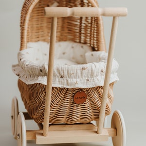 Exclusive hand-woven doll carriage, original toy for girls, natural wicker stroller with bedding in boho berries, gift idea, first b-day image 4