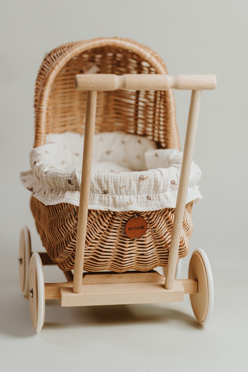 Exclusive hand-woven doll carriage, original toy for girls, natural wicker stroller with bedding in boho berries, gift idea, first b-day image 4