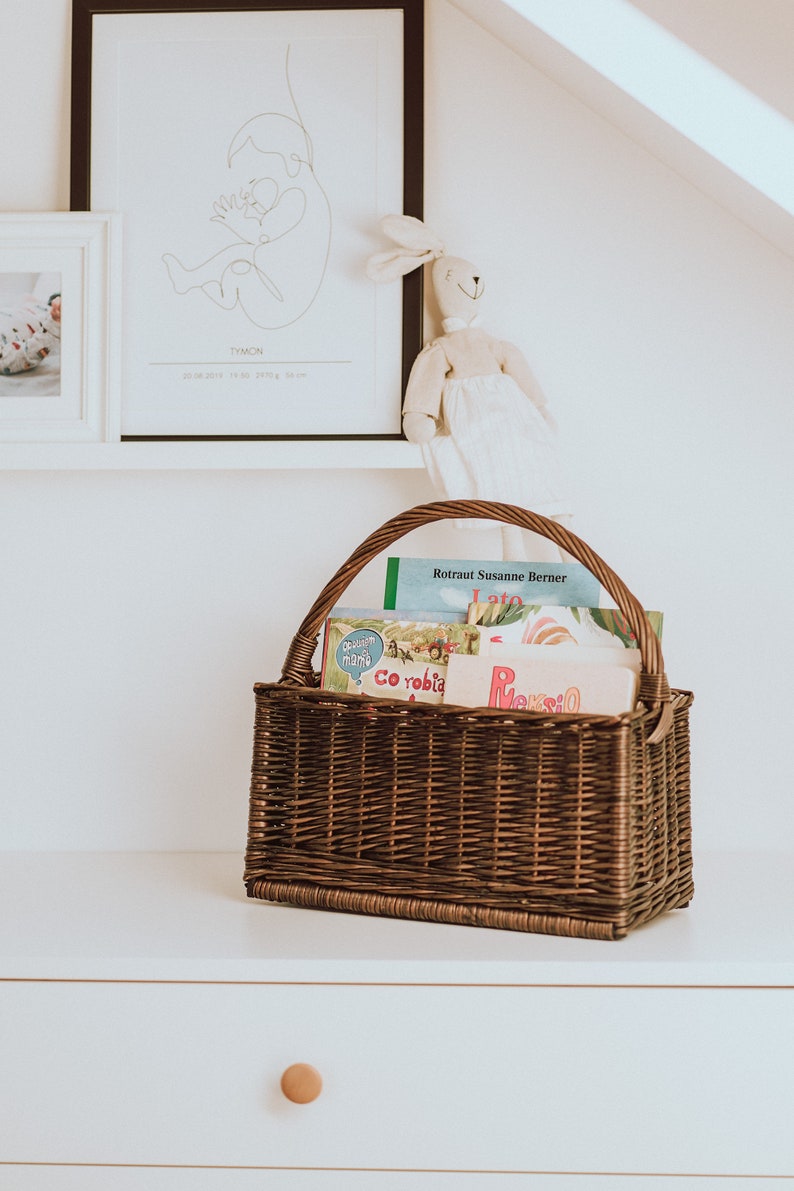 Natural Wicker basket for books, Rattan Nursery Decor, Boho Nursery Decor, Natural Product for Kid's Room, natural or dark brown color. image 7