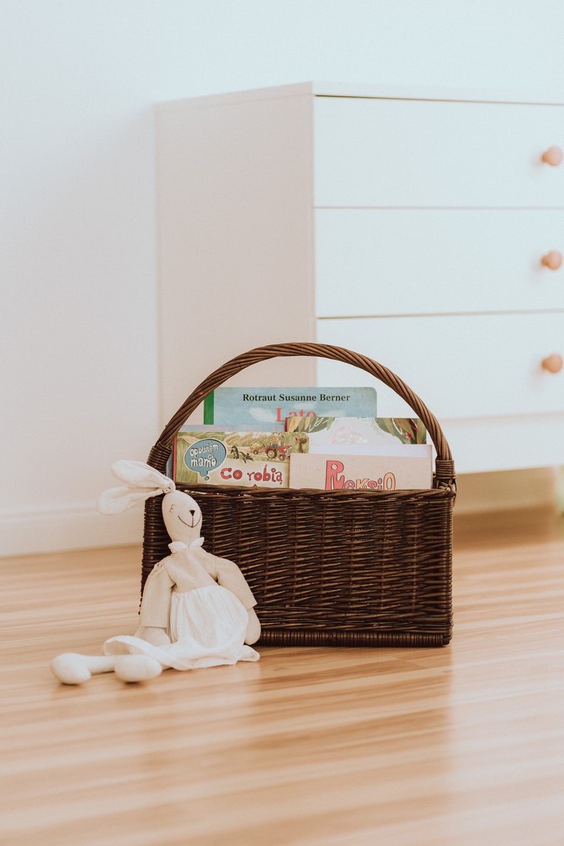 Natural Wicker basket for books, Rattan Nursery Decor, Boho Nursery Decor, Natural Product for Kid's Room, natural or dark brown color. image 5