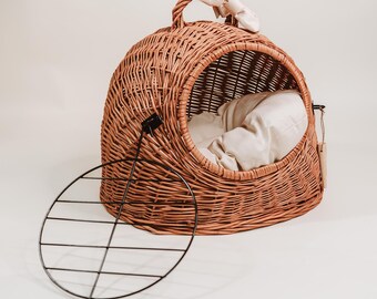 クッション付き天然籐ペットキャリア - 小型犬・猫用バスケット - Etsy