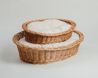 Wicker Hunde- und Katzenbett, Zubehör für Haustier, ökologisches Bett für Tiere, natürliche Korbfarbe mit kuscheligem Baumwollkissen, Hunde- und Katzenhaus / Bett.