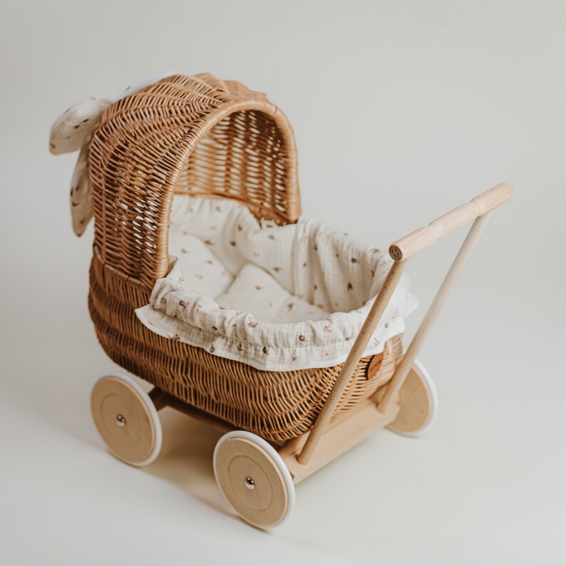 Exclusive hand-woven doll carriage, original toy for girls, natural wicker stroller with bedding in boho berries, gift idea, first b-day image 5