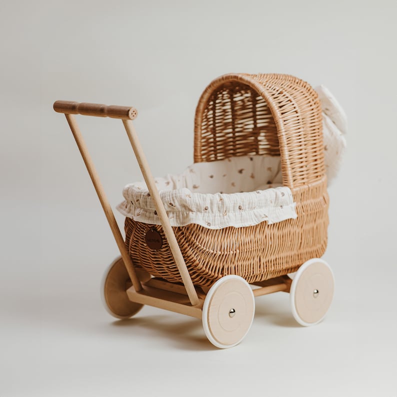 Exclusive hand-woven doll carriage, original toy for girls, natural wicker stroller with bedding in boho berries, gift idea, first b-day image 1