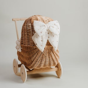Exclusive hand-woven doll carriage, original toy for girls, natural wicker stroller with bedding in boho berries, gift idea, first b-day image 3