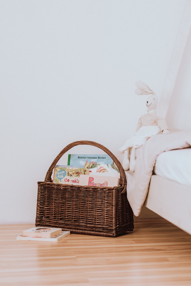 Natural Wicker basket for books, Rattan Nursery Decor, Boho Nursery Decor, Natural Product for Kid's Room, natural or dark brown color. Dark Brown