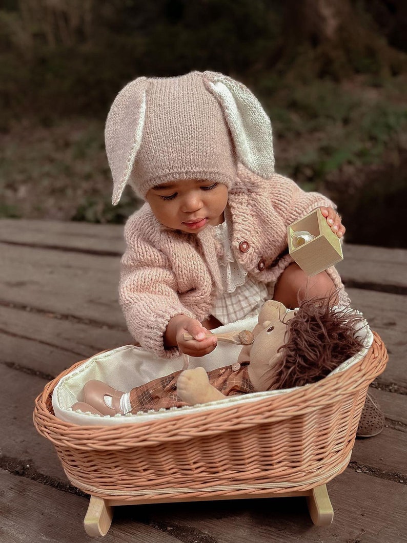 Natural Wicker Cradle with bedding For Girl, wicker & beech wood doll's Cradle Crib Eco-Friendly, Natural Material, Perfect Gift for girls. image 3