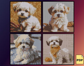Set von 4 Malteser Welpen Kreuzstich Muster | Tiere Kreuzstich | Hunde Kreuzstich | Welpen Kreuzstich