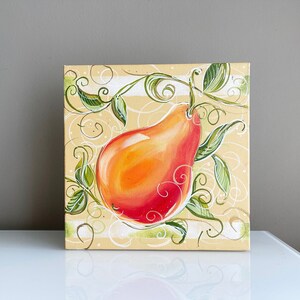 Pear. Decorative Painting. Hand painted. Kitchen art. Acrylic+canvas. Unique gift. Fall colors. Deep stretch canvas. 12&#39; x 12&#39;. Wall decor.