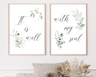 It is well with my soul - 2 piece art set ready to print - Hymn lyrics Christian home decor - multiple sizes - calligraphy fern eucalyptus