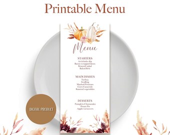 Thanksgiving Menu Template - Printable Thanksgiving Menu - Easy customizable menu template - Fall watercolor pumpkins and florals