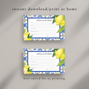 Cartão de conselhos para chá de panela com limão mediterrâneo Azulejos azuis italianos Imprimir modelo de download instantâneo Palavras de conselho Positano Sabedoria Recém-casados