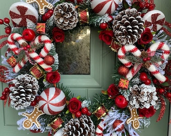 Candy cane Christmas wreath for front door