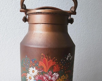 50s Large old rustic milk can painted copper with flowers