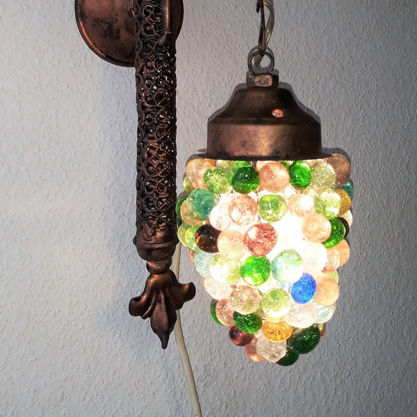 Lampada da parete ORIENTALE anni '80 con uva in vetro, lampada con perline di vetro vintage