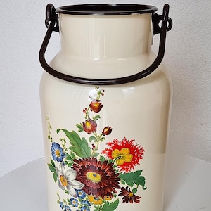 80s Large rustic milk can with flower motif enamel