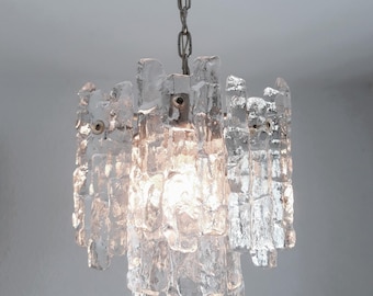 70s Ice Glass Vintage Ceiling Lamp "Kalmar" "Austria" Ice Glass Pendant Lamp 70s