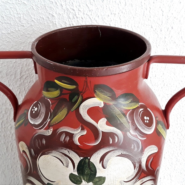 Large old peasant milk jug red original rustic painted with peasant painting