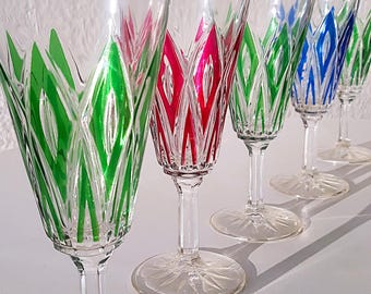 50s France French Sparkling Wine / Champagne Glasses Set of 5 Glass Top Diamond Vintage TOP 60s