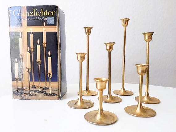 70s Vintage Set of 7 Candle Holders Made of Solid Brass, Made in