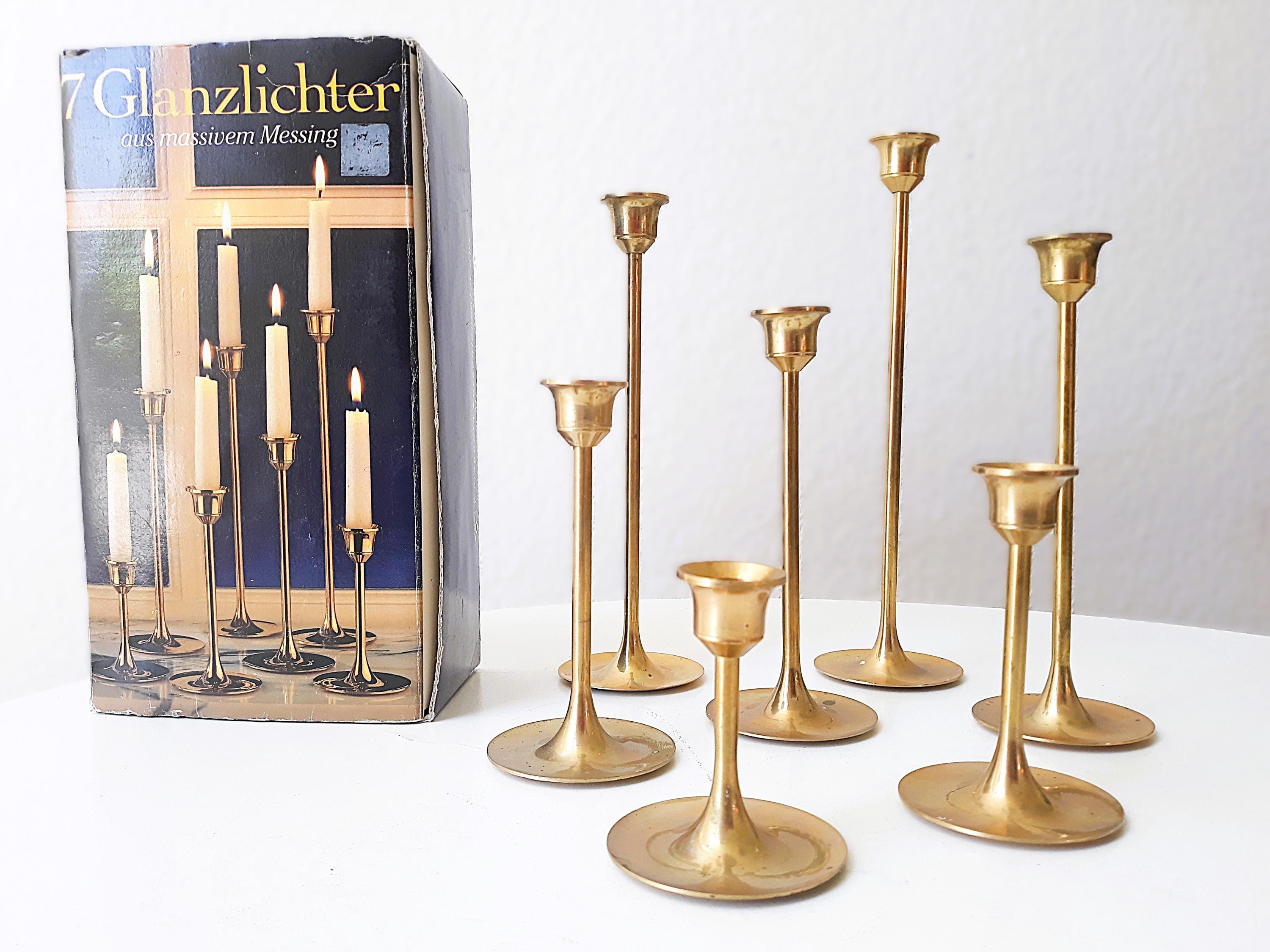 70s Vintage Set of 7 Candle Holders Made of Solid Brass, Made in