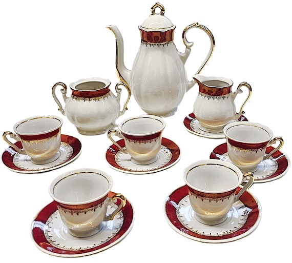 1950s Porcelain Mocha-espresso Service Hutschenreuther - White-red