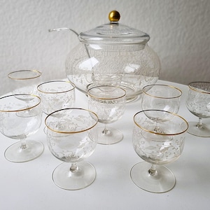 70er Glas Bowle Set 1x Bowlenschüssel 8x Gläser 1x Glaskelle Motiv 80s