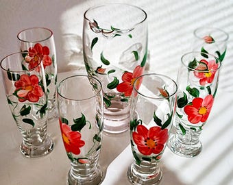 Vintage Carafe Juice Glasses Pitcher Set with Hand Painted Flowers Set of 7 Pieces