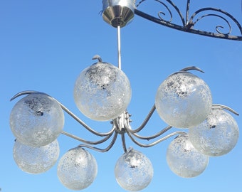 Lampada a sospensione/soffitto Sputnik cromata anni '70 a 8 bracci. Lampada vintage anni '70.