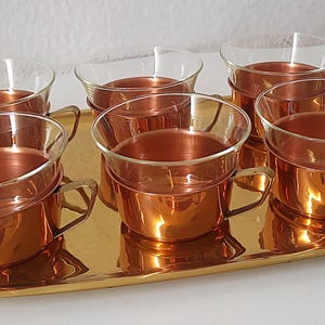60s 6x tea glasses + tray, copper brass Jena glass, Schott Mainz 70s