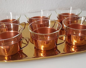 Années 1960, 6 verres à thé + plateau, cuivre et laiton, verre de Jena, Schott Mainz, années 1970