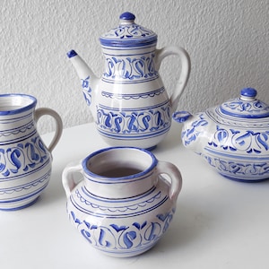 90s Spain hand-made hand-painted ceramic crockery set 4 parts 90s