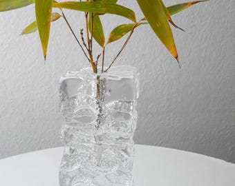 70年代のガラスブロック花瓶、アイスガラスブロック花瓶、クリスタル