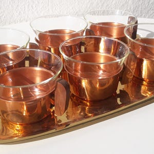 60s 6x tea glasses + tray, copper brass Jena glass, Schott Mainz 70s