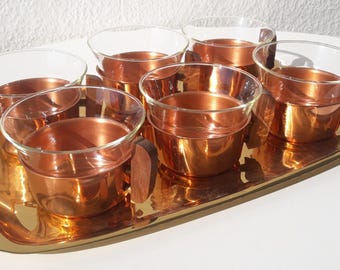 Années 1960, 6 verres à thé + plateau, cuivre et laiton, verre de Jena, Schott Mainz, années 1970