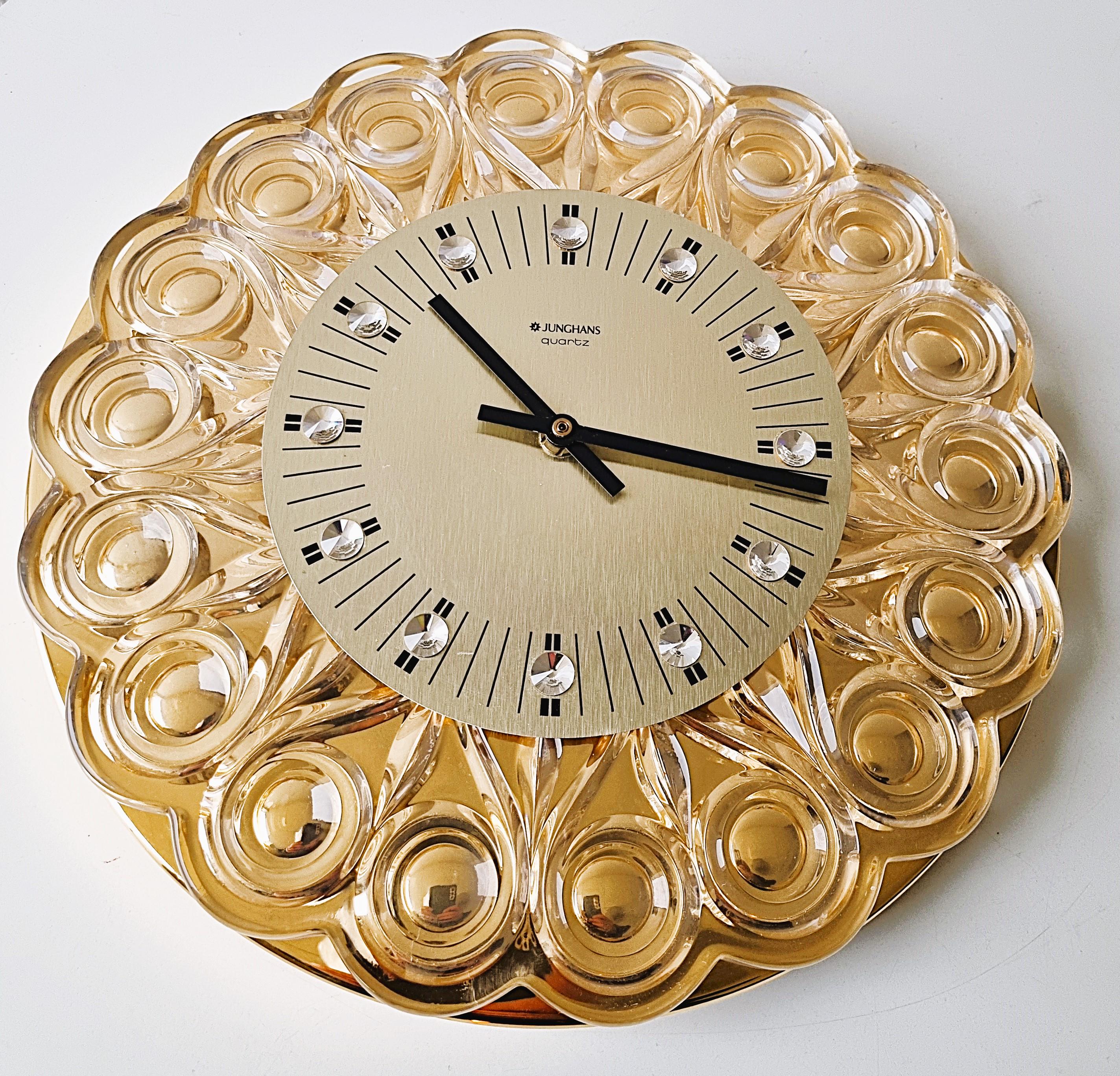 70s Junghans Joska Wall Clock Vintage Crystal Hollywood Regency 24