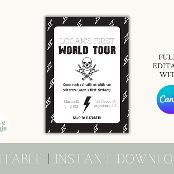 First World Tour Birthday Invitation Template | Instant Download Fully Editable Canva | Rock and Roll Birthday Invitation | One Rocks Invite