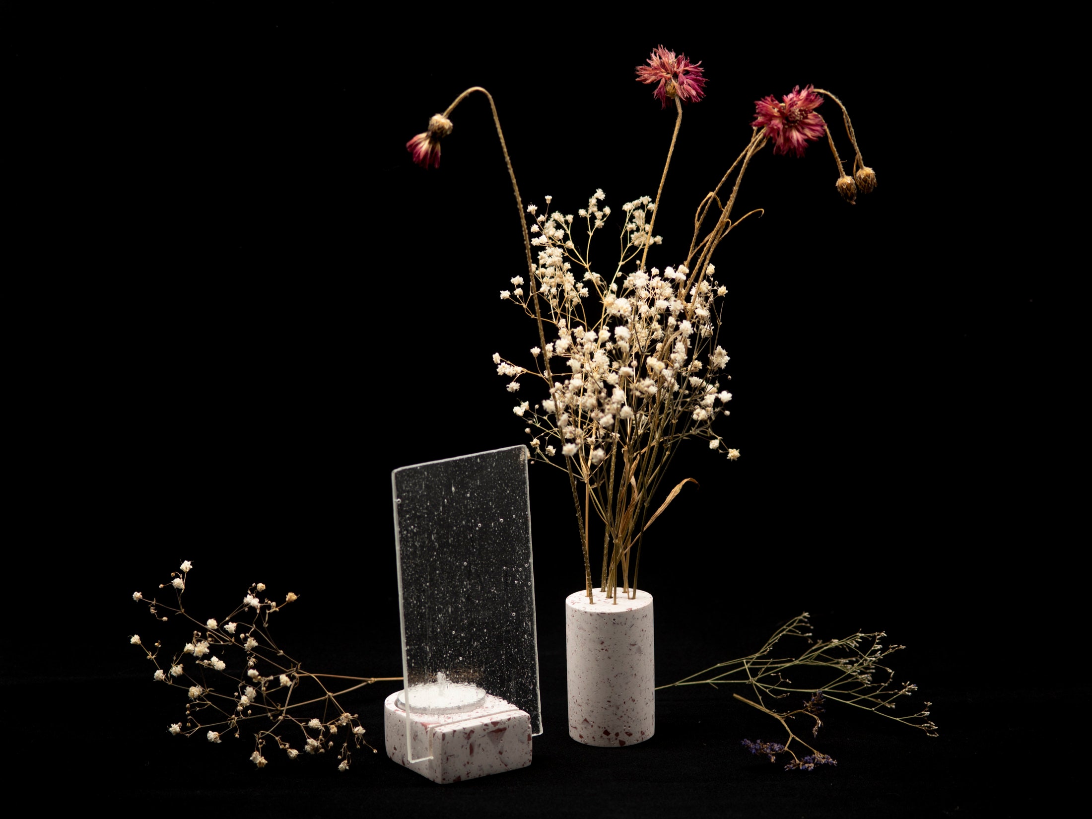 Duo Photophore & Pique Fleur - Terrazzo Créé et Fait Main en France Pour Bougie Chauffe Fleur Séchée