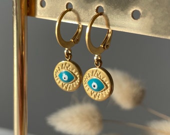 Dormeuses Œil Bleu earrings in gold stainless steel