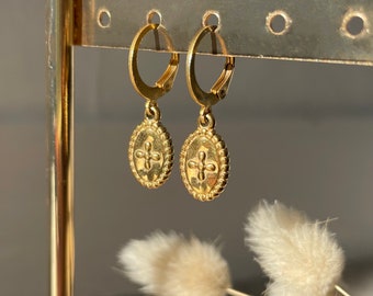 Flower medallion sleeper earrings in gold stainless steel