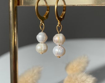 Freshwater pearl sleeper earrings in gold-tone stainless steel