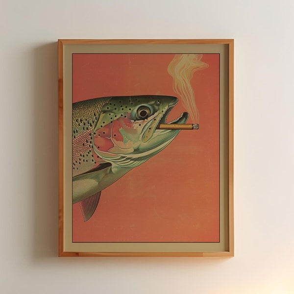 Trout Smoking a Cigarette Vintage Poster Art Funny Retro Whimsical Print Cabin Wall Decor Outdoor Sports Fisherman Illustration Gift for Dad