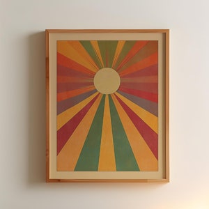 Vintage Boho Sun Poster Rainbow Sun Art Print Art Deco Style Folk Art Illustration Spiritual Print Wall Art Earth Tones Bedroom Decor