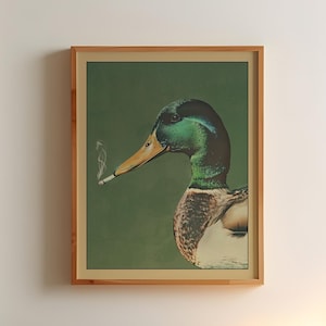 Mallard Smoking a Cigarette Vintage Poster Art Funny Duck Retro Whimsical Print Cabin Wall Decor Outdoor Sports Hunter Illustration